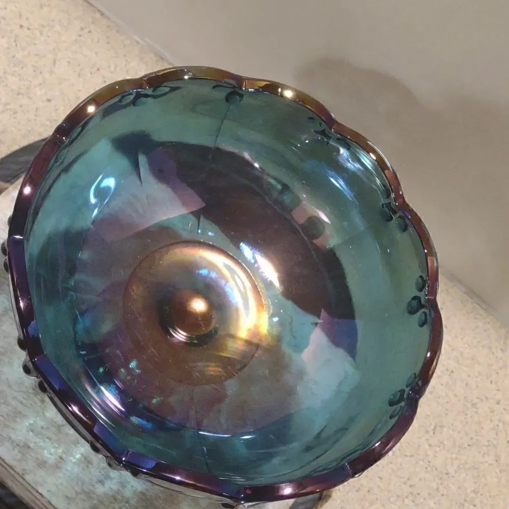 Vintage Indiana Glass Blue Carnival Glass Teardrop Garland Compote Dish